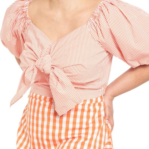 Plus Size Womens Eloquii Stripe Puff Sleeve Tie Front Top Size 20 Orange - Picture 1 of 9